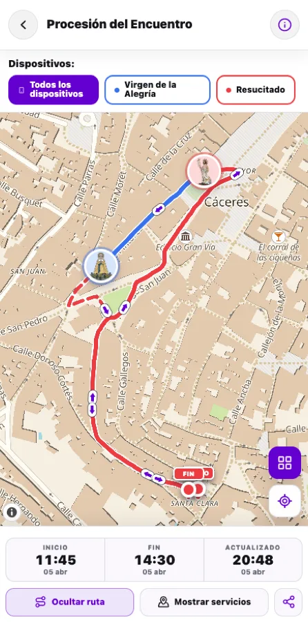 Pantalla de la app de LiveMap con el recorrido de la Procesión del Encuentro sobre el plano de Cáceres, la posición de los dos pasos y los horarios de inicio y fin